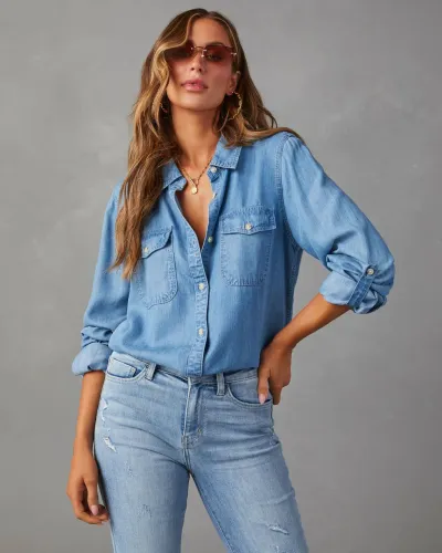 Women's Casual Denim Shirt with Polo Collar - Long Sleeve Regular Fit