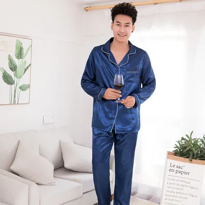 Imitation Silk Couple Pajamas Set Long Sleeve Sleepwear