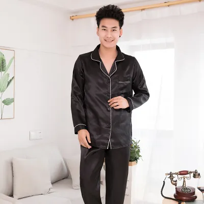Imitation Silk Couple Pajamas Set Long Sleeve Sleepwear