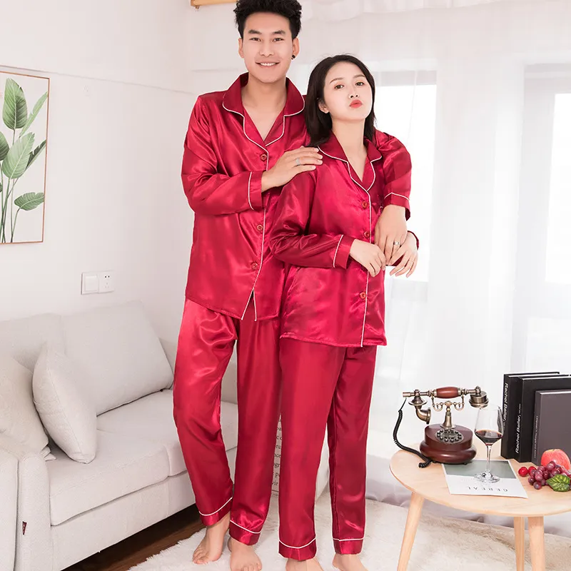 Imitation Silk Couple Pajamas Set Long Sleeve Sleepwear