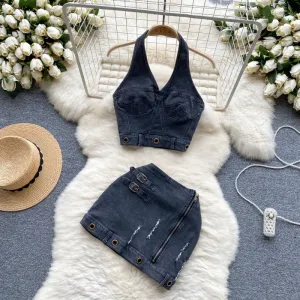 Edgy Women Y2k Style Summer Vintage Halter Neck Crop Top High Waist Eyelet Skirt Denim Set