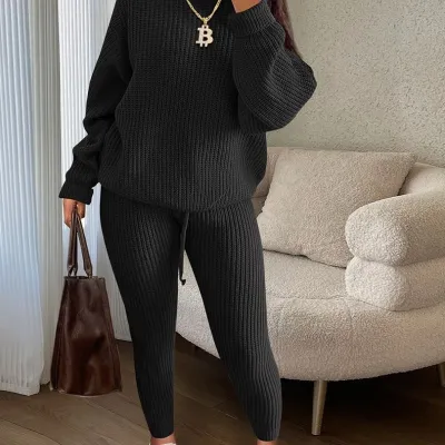 Women's Casual Solid Color Knitted Long Sleeve Sweater Pants Set