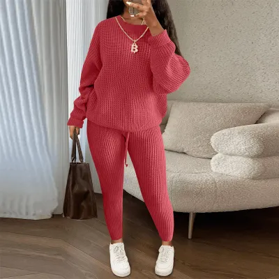 Women's Casual Solid Color Knitted Long Sleeve Sweater Pants Set