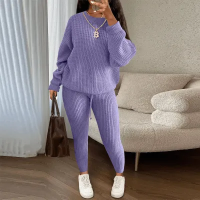 Women's Casual Solid Color Knitted Long Sleeve Sweater Pants Set