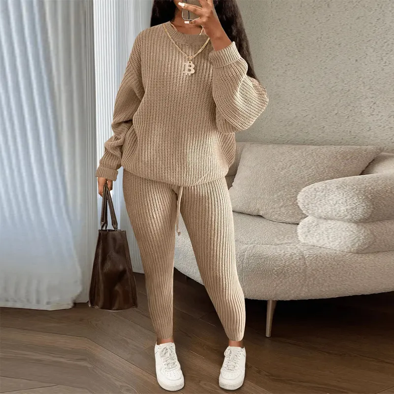 Women's Casual Solid Color Knitted Long Sleeve Sweater Pants Set