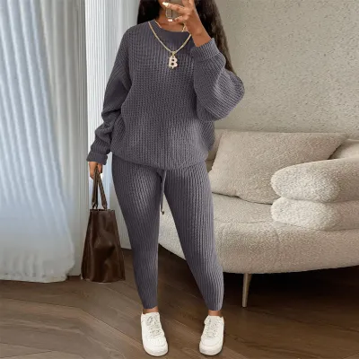 Women's Casual Solid Color Knitted Long Sleeve Sweater Pants Set