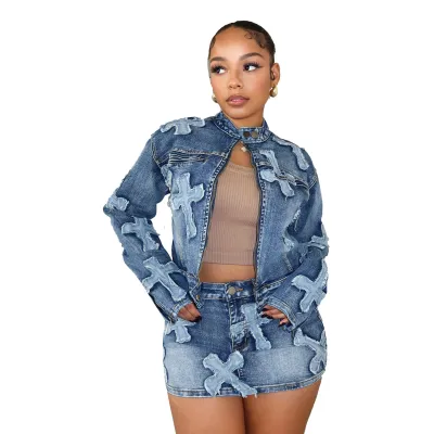 Women's Denim Cropped Jacket and Mini Skirt Set - Retro Street Style