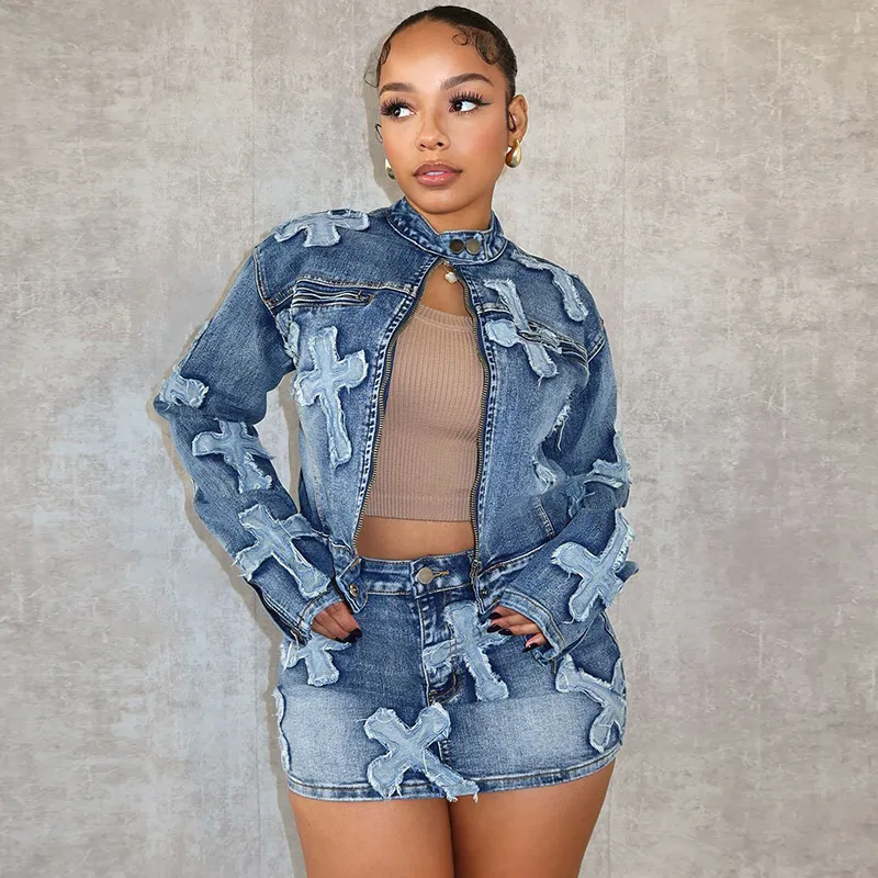 Women's Denim Cropped Jacket and Mini Skirt Set - Retro Street Style