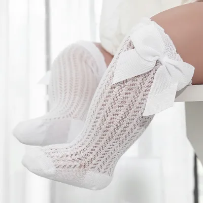 Kids Unisex Cute Bow Solid Mesh Mid-Calf Cotton Socks
