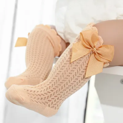 Kids Unisex Cute Bow Solid Mesh Mid-Calf Cotton Socks