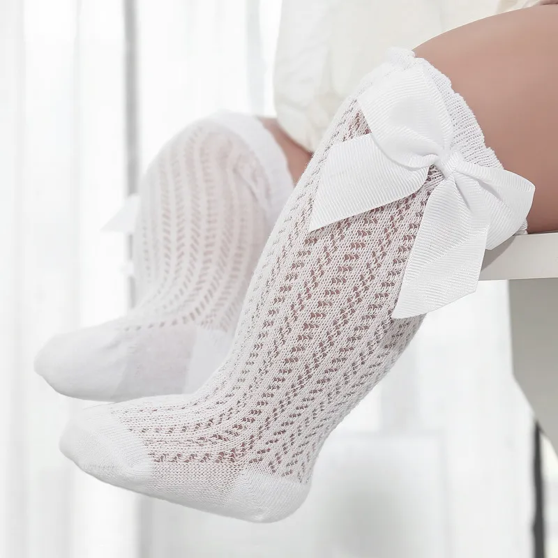 Kids Unisex Cute Bow Solid Mesh Mid-Calf Cotton Socks