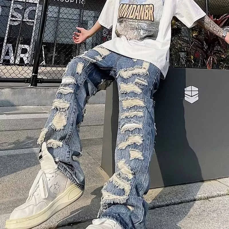Men Fashion Casual Retro Hip Hop Plus Size Elastic Force Ripped Straight Leg Denim Jeans