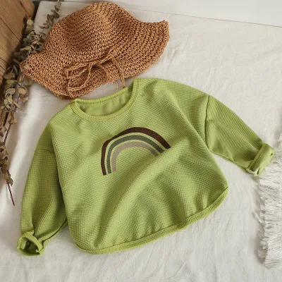 Kids Toddler Big Boys Girls Casual Cute Rainbow Waffle Long Sleeve Round Neck T-Shirt