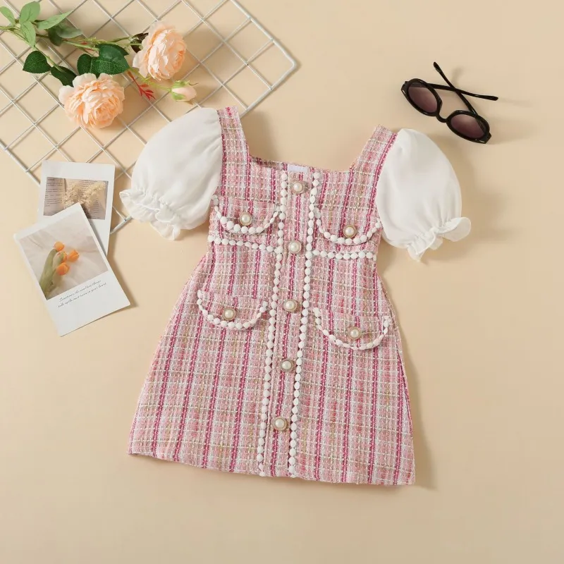Kids Toddler Girls Casual Cute Versatile Stripe Bow Pearl Puff Sleeve Dress
