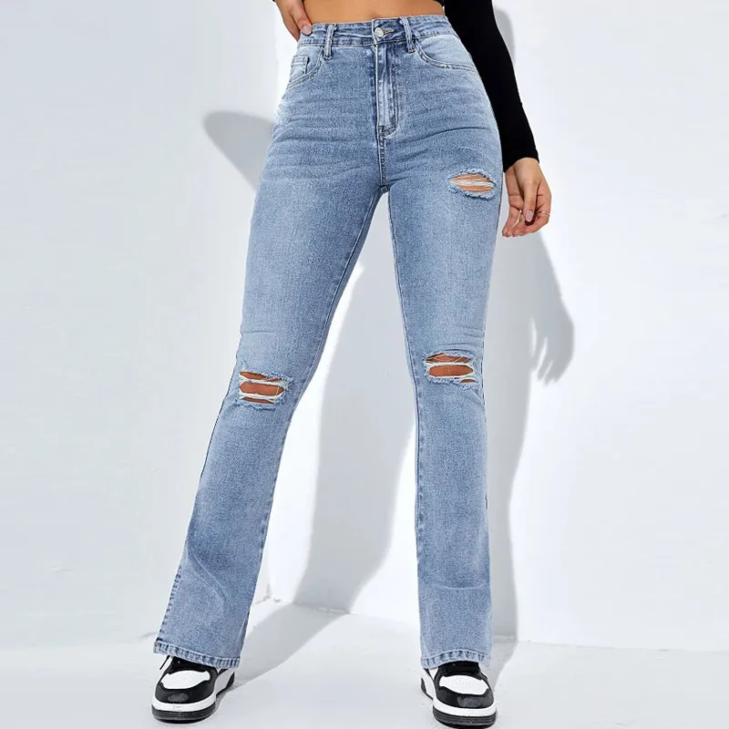 Women Classic Fashion Ripped Straight Slim-Fit Elastic Jeans