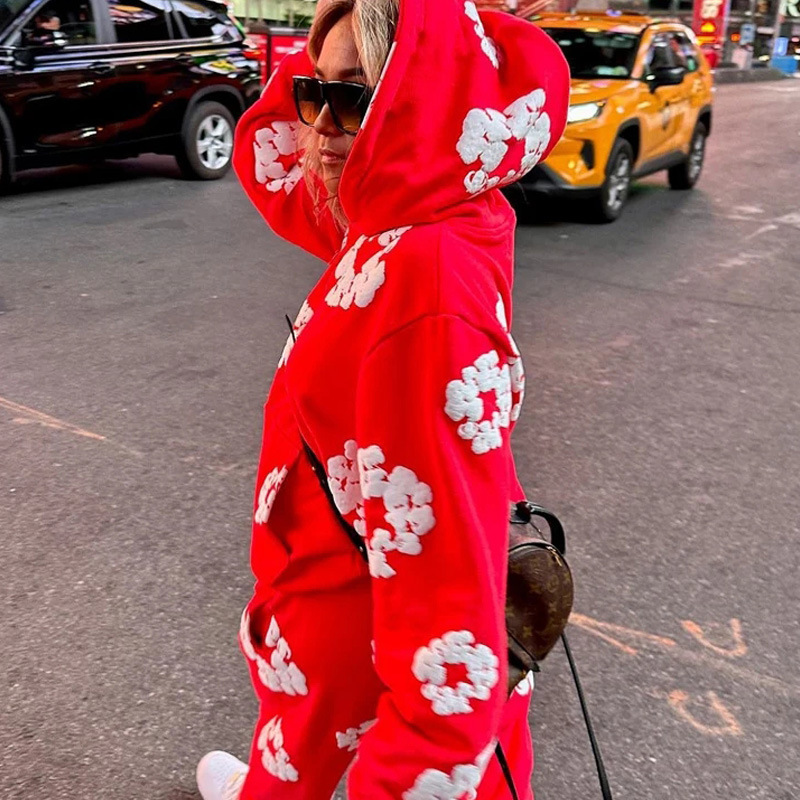 Wholesale Casual Athleisure Floral Print Loose Pocket Hoodie
