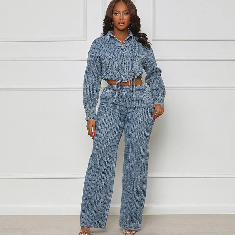 Women's Denim Two-Piece Set - Long Sleeve Coat and Jeans in Retro Wind Style