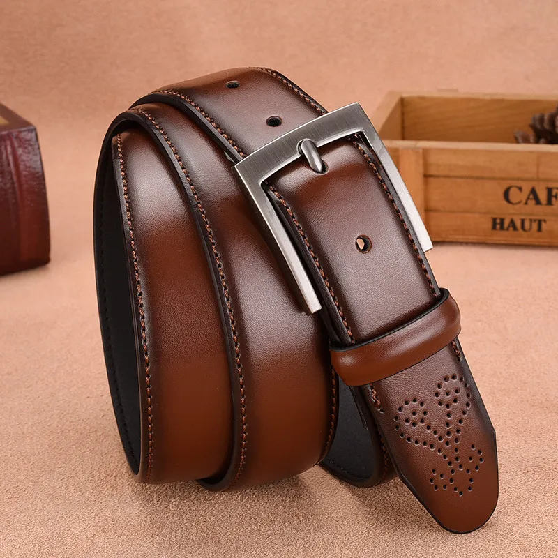 Men Fashion Casual Business Versatile Square Pin Buckle Genuine Leather Belt