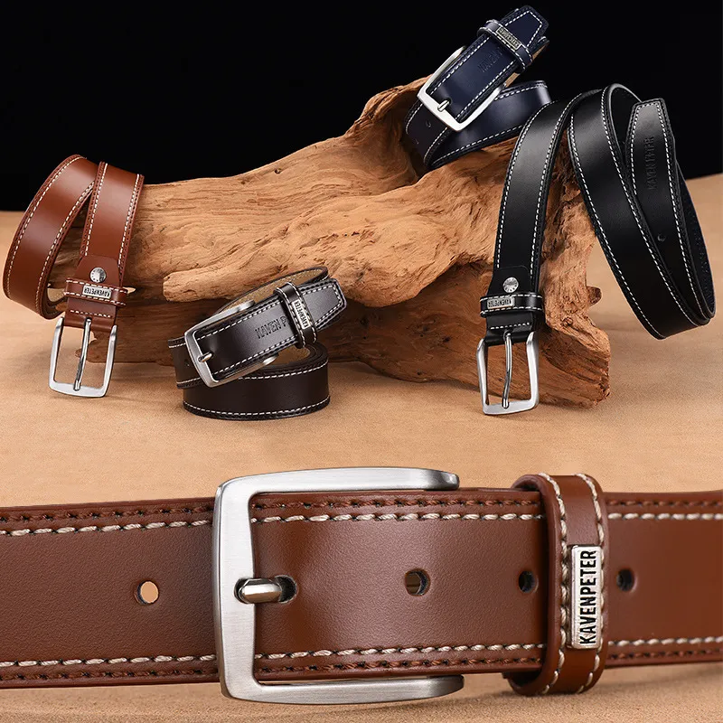 Men Fashion Casual Business Versatile Square Pin Buckle Genuine Leather Belt