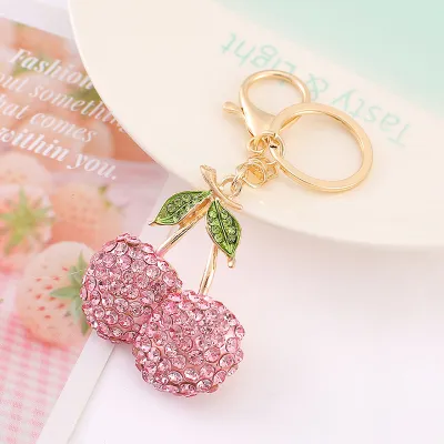 Women Fashion Creative Alloy Cherry Rhinestone Keychain Pendant