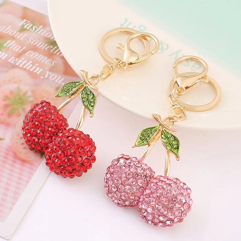 Women Fashion Creative Alloy Cherry Rhinestone Keychain Pendant