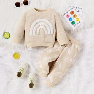 Kids Baby Boys Girls Autumn Winter Casual Cute Basic Waffle Rainbow Long Sleeve Round Neck Sweatshirts Pants Sets