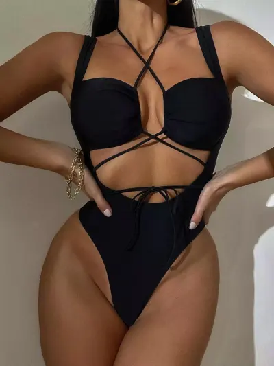 Women Sexy Strap Hollow Backless One-Piece Swimsuit