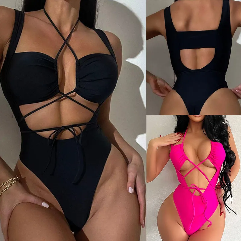 Women Sexy Strap Hollow Backless One-Piece Swimsuit