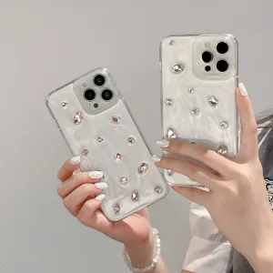 Funda protectora anticaída para teléfono móvil de Apple con diamantes de imitación en polvo blanco crema tridimensional a la moda para mujer
