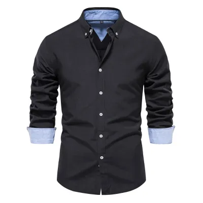 Men Spring Autumn Fashion Casual Basic Solid Color Long Sleeve Lapel Dress Shirt Custom