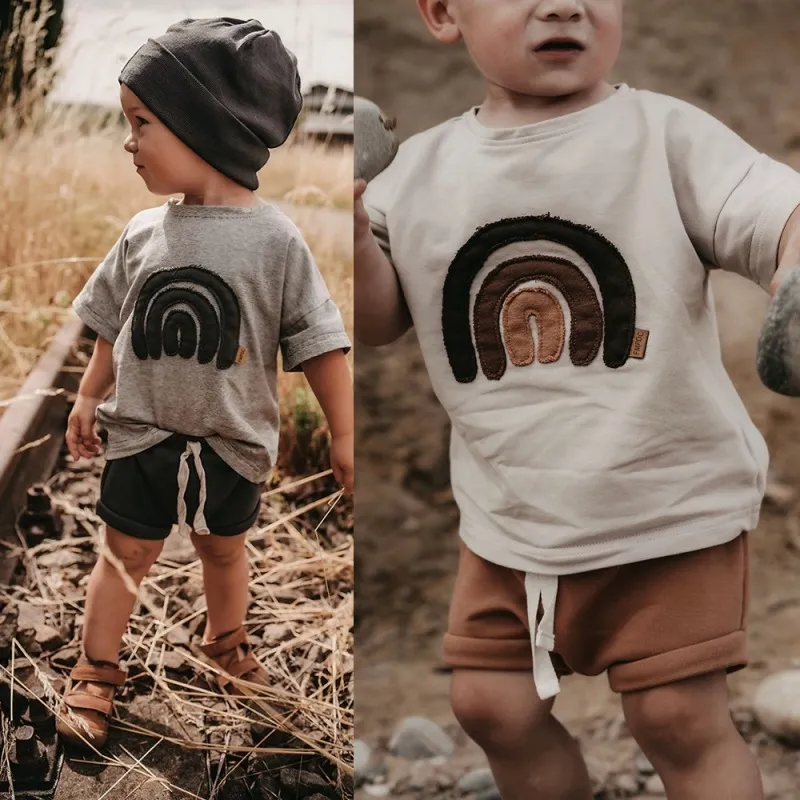 Kids Baby Boys Girls Casual Cute Basic Rainbow Stripe Short Sleeve Round Neck T-Shirt