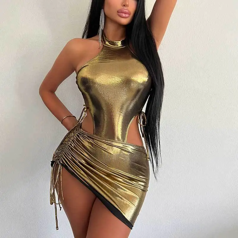 Women Fashion Sexy Sequins One-Piece Swimwear Drawstring Skirt Set