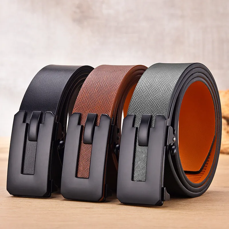 Men's Fashion Casual Business Versatile Solid Color Automatic Buckle Cowhide Leather Belt