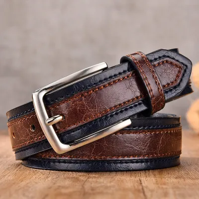 Men Fashion Casual Business Color Block Square Pin Buckle PU Belt
