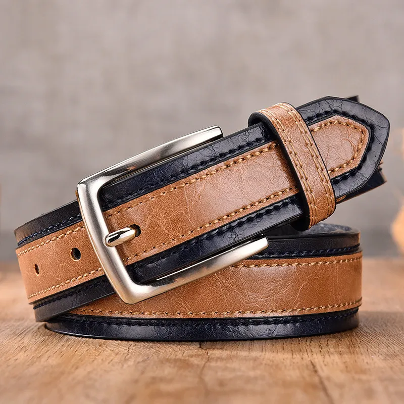 Men Fashion Casual Business Color Block Square Pin Buckle PU Belt