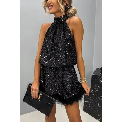 Women Fashion Sexy Halter Neck Sequins Feather Party Dress