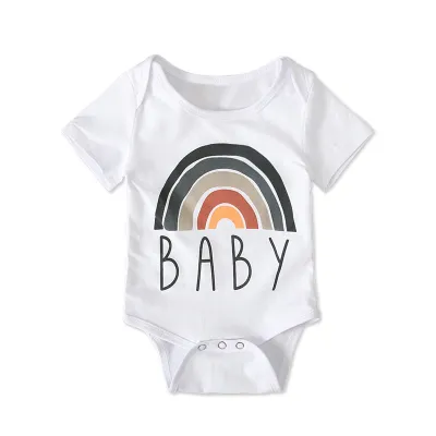 Kids Baby Boys Girls Casual Cute Basic Rainbow Stripe Letter Short Sleeve Round Neck Romper