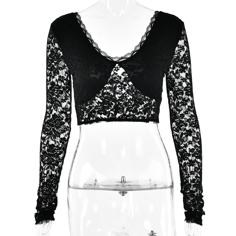 Wholesale Women Fashion Sexy V-Neck Lace Long Sleeve Crop Top