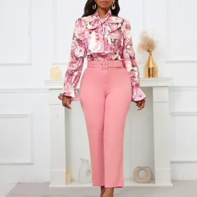 Women Casual Floral Printing Blouse Solid Color Pants Two-Piece Set