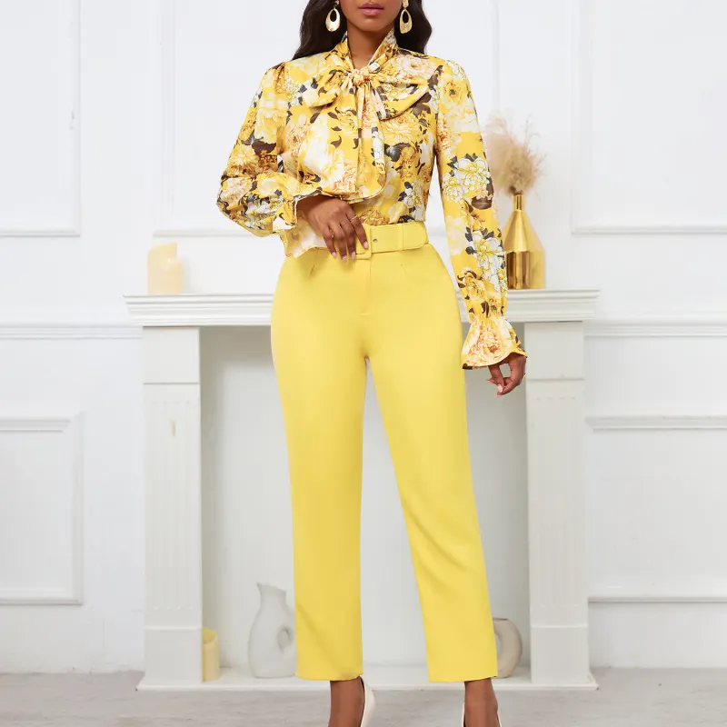 Women Casual Floral Printing Blouse Solid Color Pants Two-Piece Set