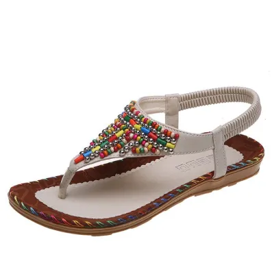 Women Fashion Plus Size Beaded Round Toe Flat Thong Sandals