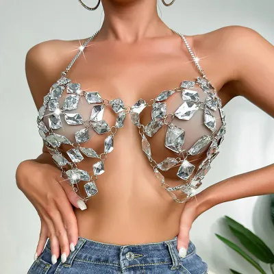 Summer Hollow Shiny Crystal Pendant Backless Chain Camis Tank Top Slim