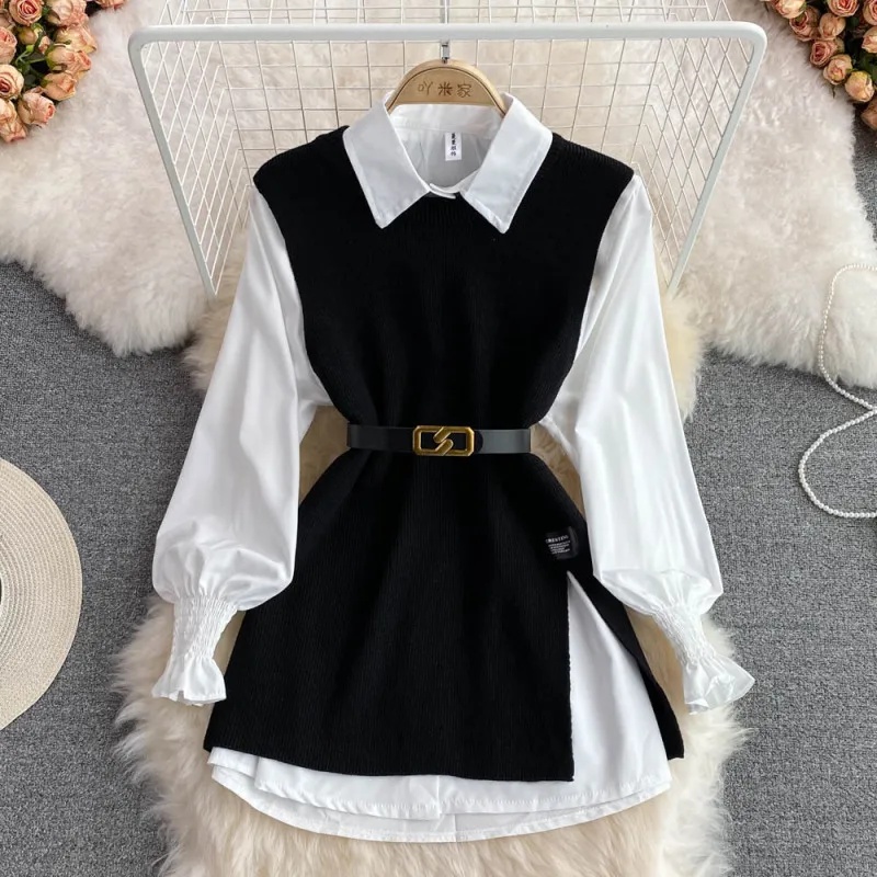 Women's Knitted Sweater and Blouse Two-Piece Set with Lantern Sleeves