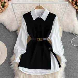Women's Knitted Sweater and Blouse Two-Piece Set with Lantern Sleeves