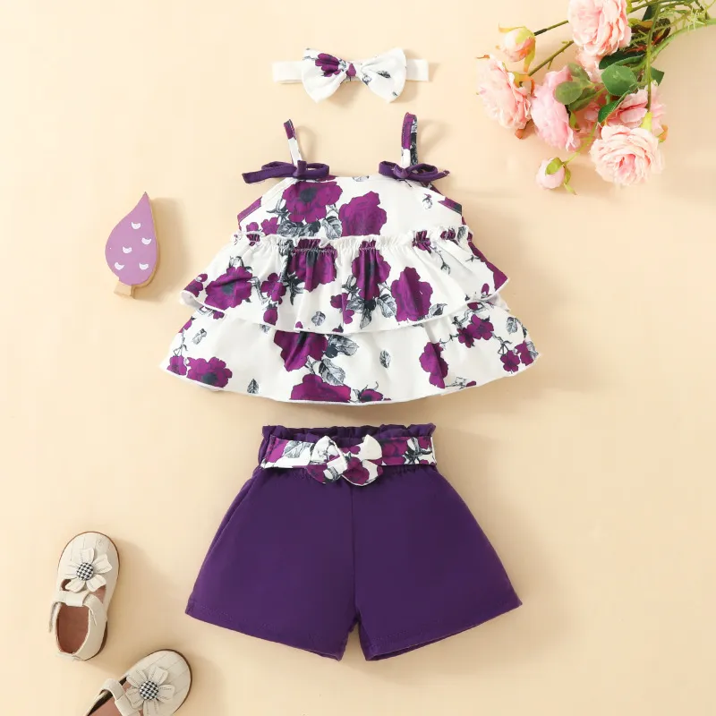 Kids Baby Girls Casual Cute Bow Tiny Flower Flounced Strap Top Shorts Set