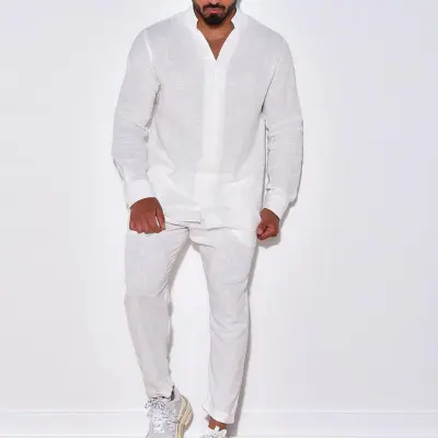 Men Fashion Casual Linen Long Sleeve Stand Collar Shirt and Trousers Sets