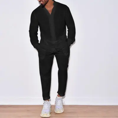 Men Fashion Casual Linen Long Sleeve Stand Collar Shirt and Trousers Sets
