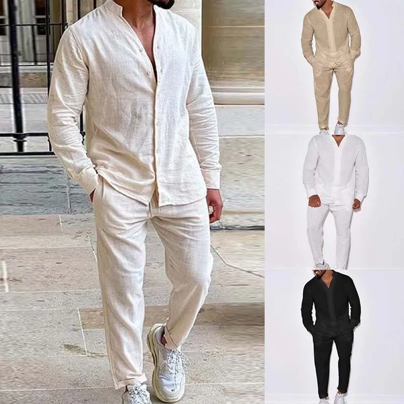 Men Fashion Casual Linen Long Sleeve Stand Collar Shirt and Trousers Sets