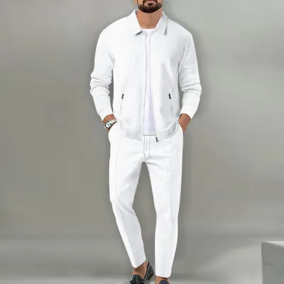 Men Fashion Casual Basic Solid Color Waffle Long Sleeve Lapel Zipper Coat Trousers Sets