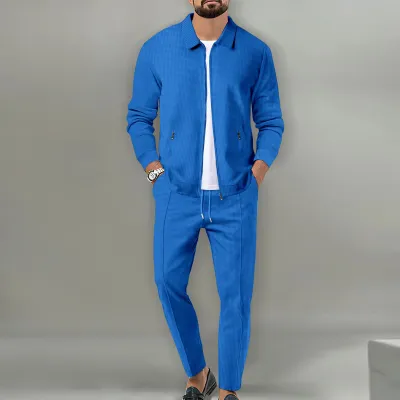 Men Fashion Casual Basic Solid Color Waffle Long Sleeve Lapel Zipper Coat Trousers Sets